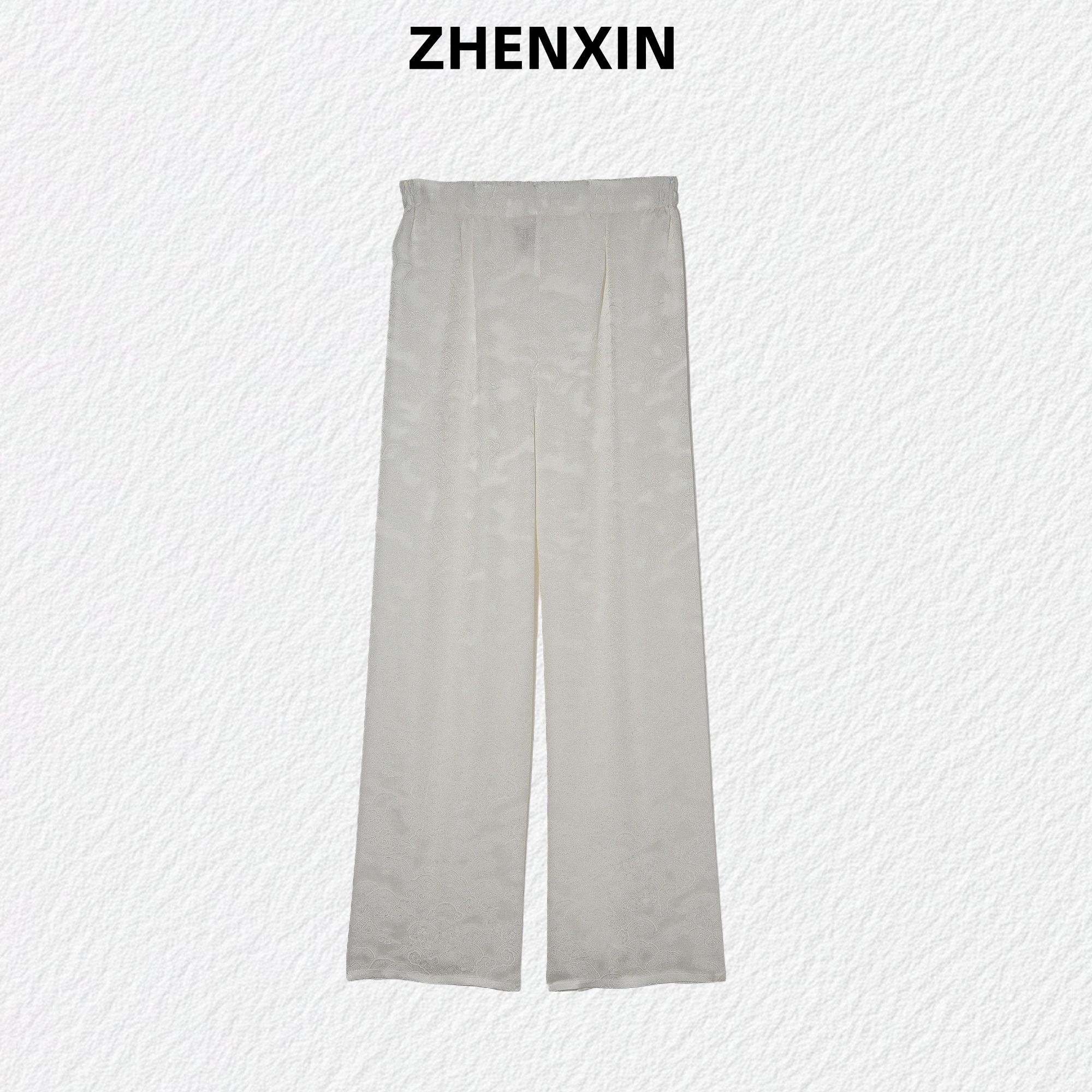 重磅真丝直筒裤带口袋休闲裤桑蚕丝提花春夏长裤松紧腰
