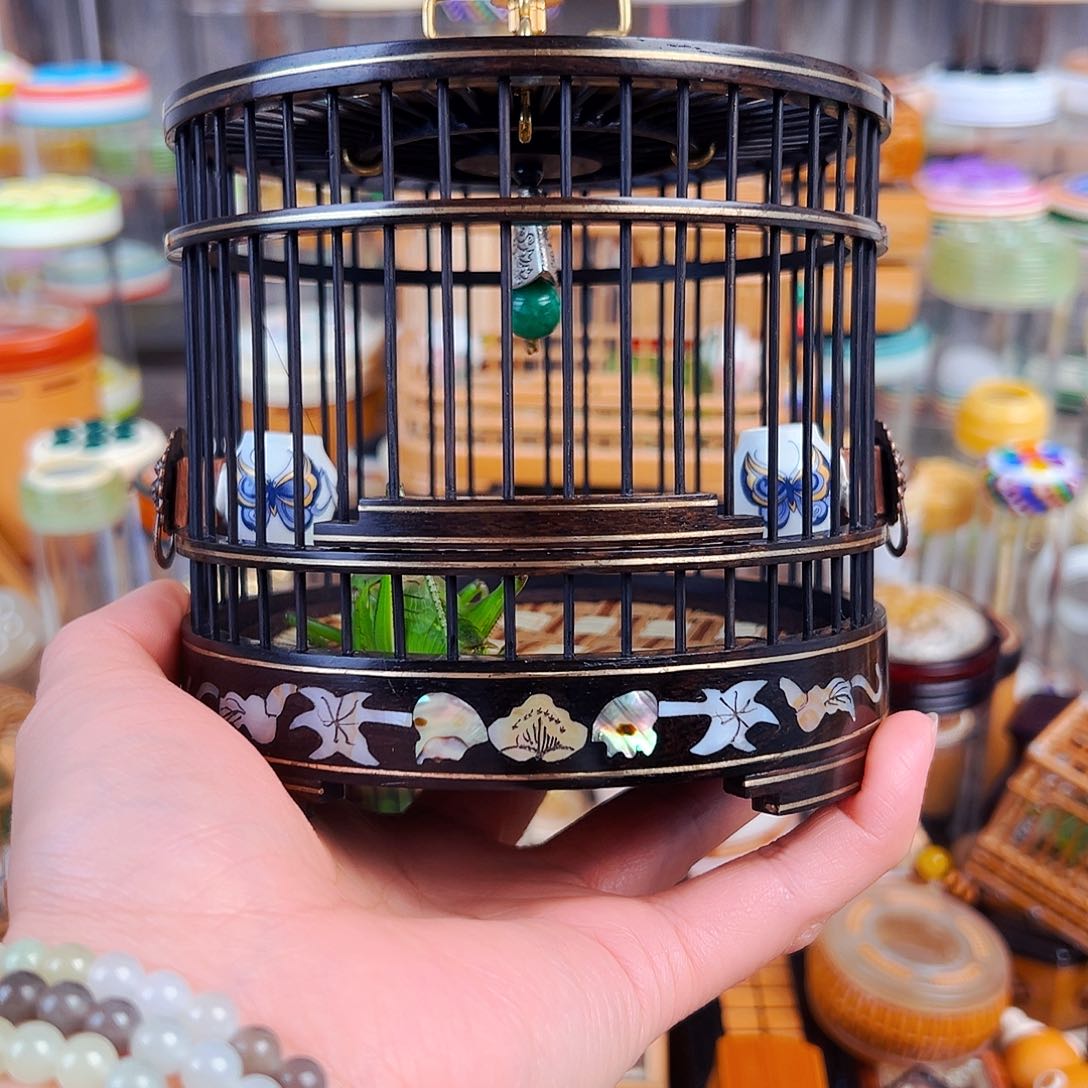 竹紫光檀贝壳蝈蝈笼➕瓷罐➕翡翠绿锅锅