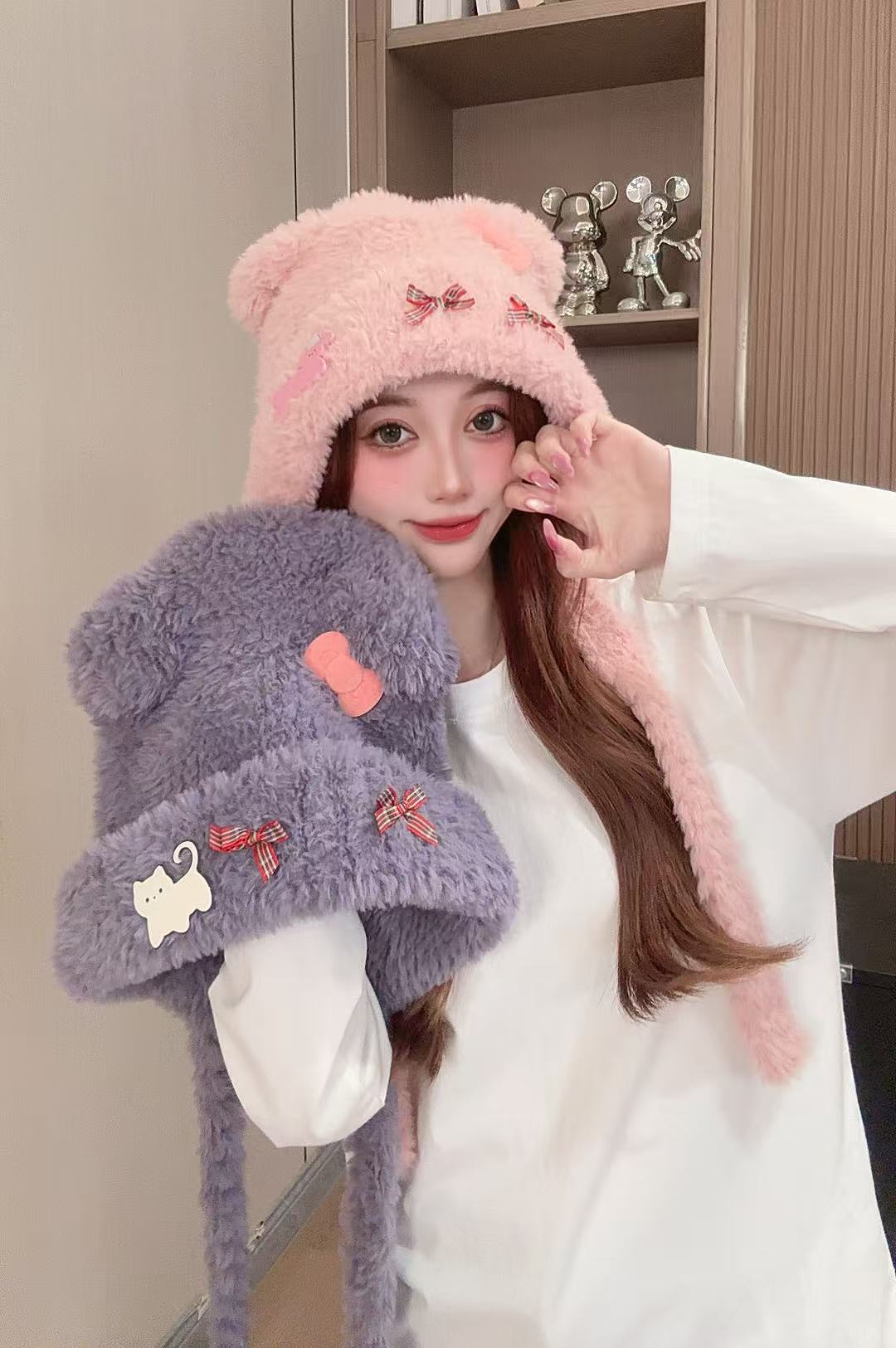 【毛绒帽子】秋冬小熊可爱蝴蝶结加厚保暖护耳毛绒帽子头围56-58cm