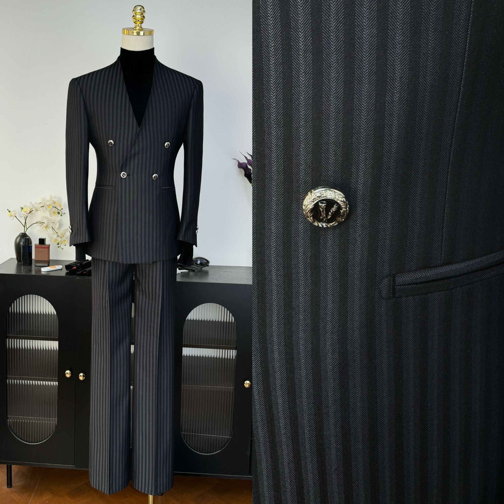 【西蒙曹】-无领条纹气质时尚休闲修身微喇裤西服套装