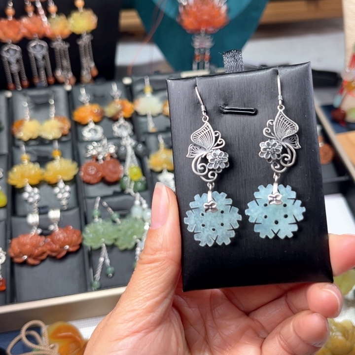 蛇纹石玉耳饰银S925镶嵌