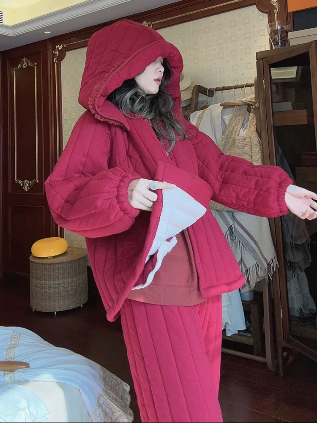 族玛士圣诞红夹棉加绒家居服秋冬加厚套装睡衣