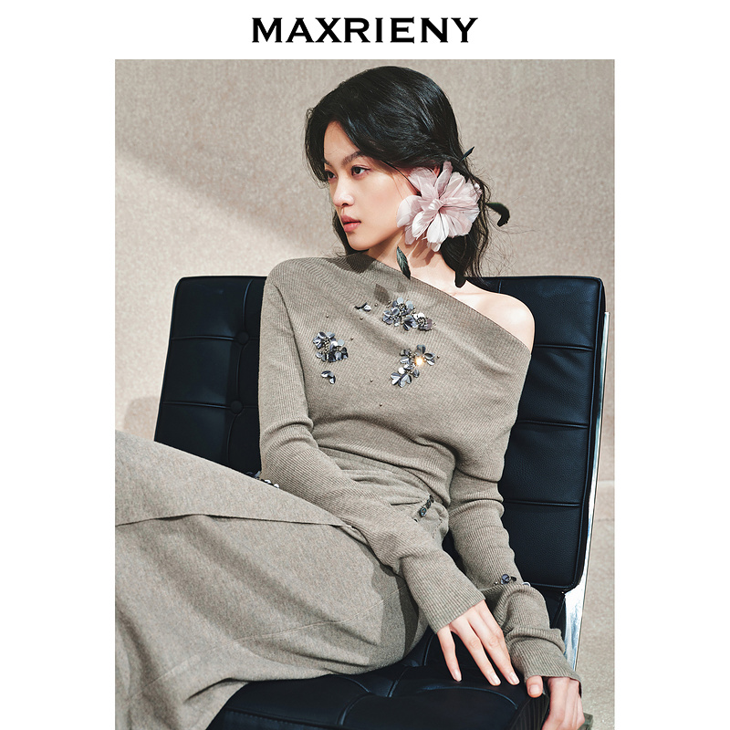 【限定秀款-商场同款】MAXRIENY华丽钉珠堆褶毛衫修身显瘦上衣秋