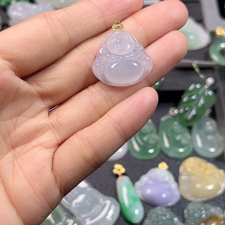 颈饰18k金镶嵌翡翠佛公吊坠  裸石21-23-6.1mm 饱满冰种玉佛挂件