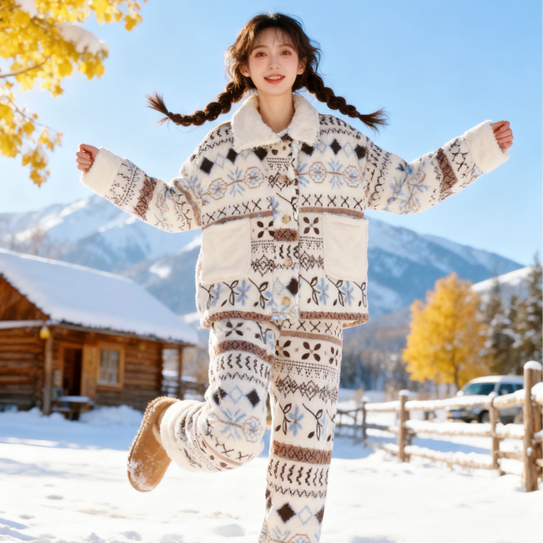 农农专属【冰川雪人】短款毛绒睡衣 裹住冬日甜暖 双层加厚家居服
