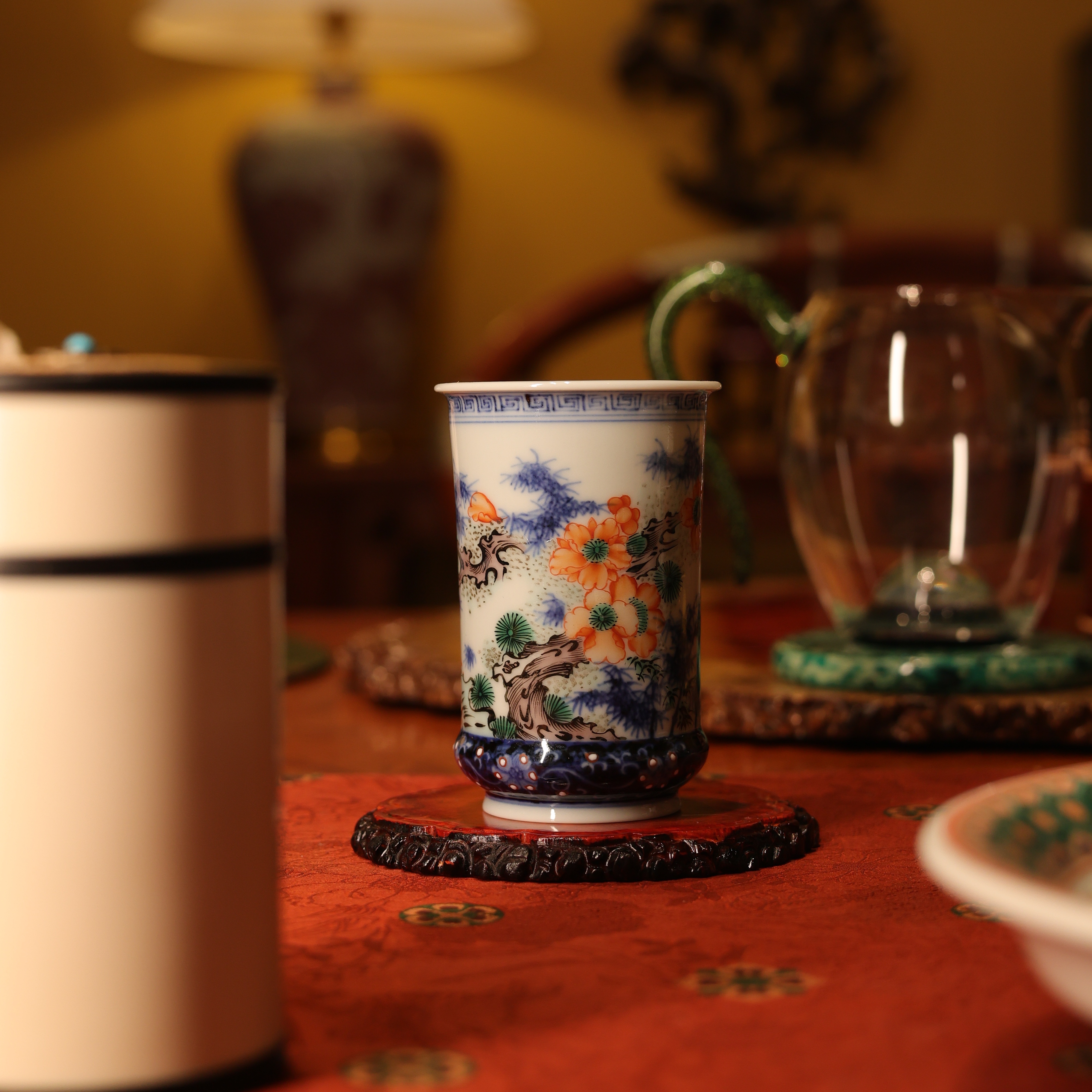 古阅和风·景德镇高端陶瓷手绘茶器古彩系列青花松竹梅暖手杯