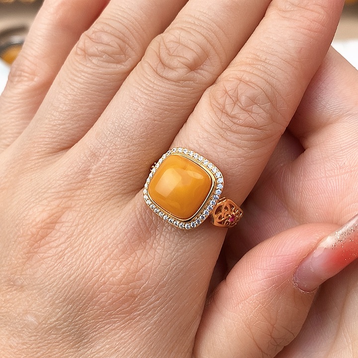 蜜蜡戒指银S925镶嵌戒指