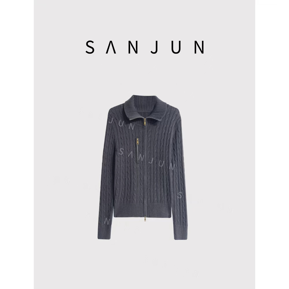 SANJUN【绒绞拉链】麻花纹双拉链绵羊毛针织开衫  25017