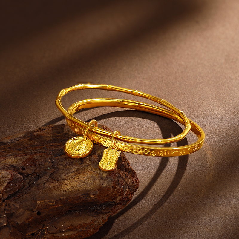 足银手镯 银铸厚金双镯竹节吉言手镯百搭时尚亮面传承情侣送礼盒