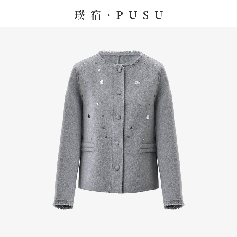 璞宿 雾呢星踪 绵羊毛圆领亮片钉珠装饰小香风外套 56126