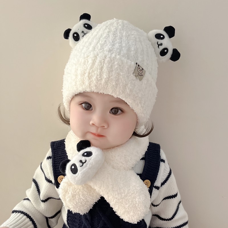 小熊猫婴儿帽子围巾一体两件套秋冬季男女宝宝冬天保暖毛绒帽子