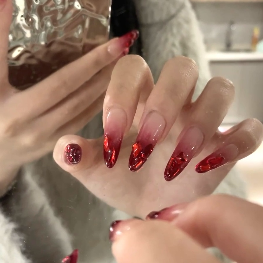 【朱砂玺】Kull·库姥姥轻奢纯手工红色渐变满钻显白穿戴美甲