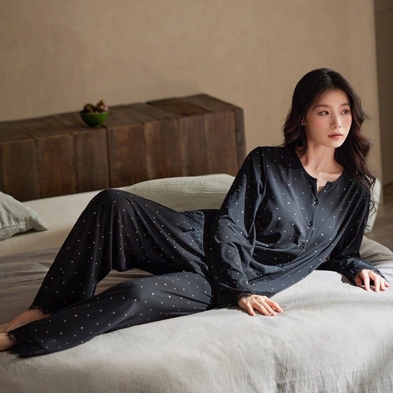 100%纯棉带胸垫睡衣女士春秋季长袖长裤波点纯色可外穿家居服套装