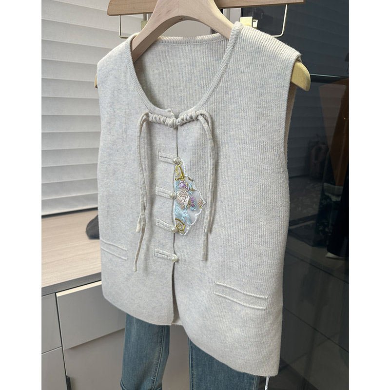 0001新中式国风刺绣圆领针织马甲女25年新款气质马夹开衫上衣