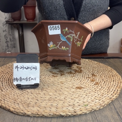 紫砂花盆紫泥花鸟手绘飘口六方0565