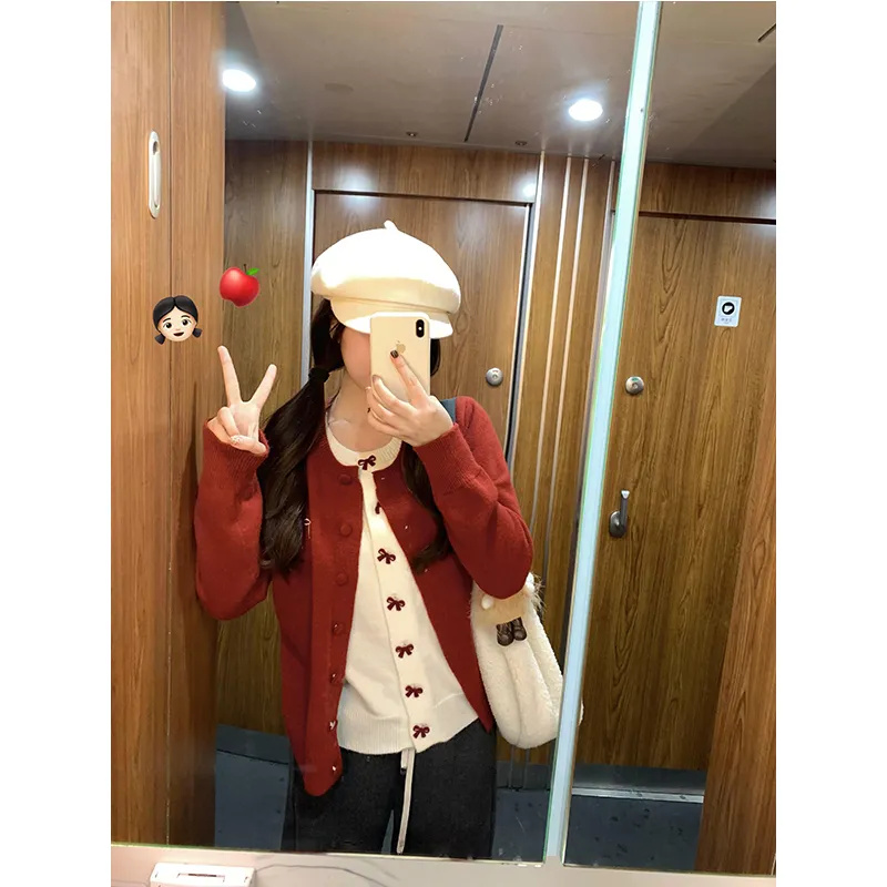 【7531】少女感穿搭假两件针织开衫女秋冬季设计感蝴蝶结毛衣外套