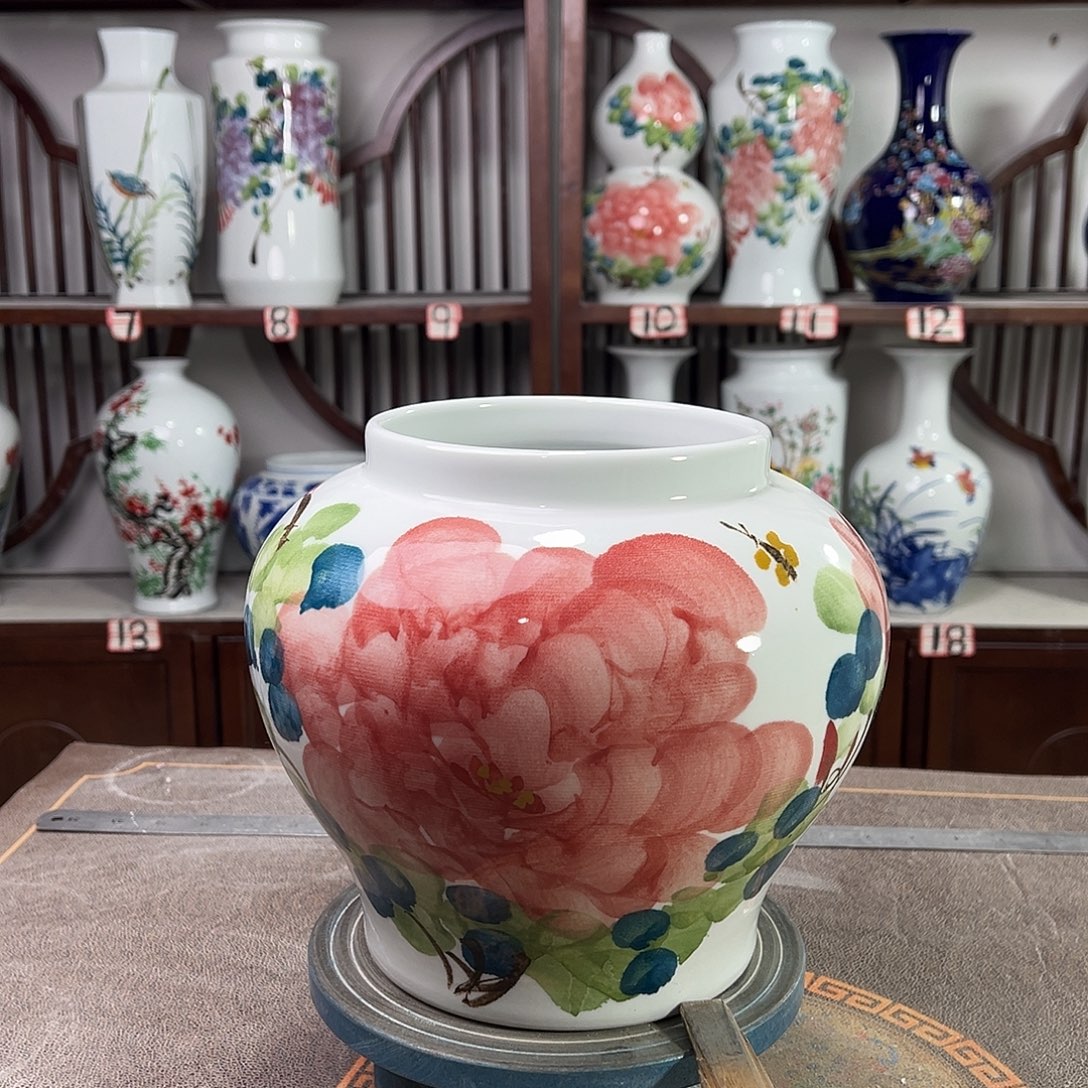 摆件陶景德镇陶瓷大口红牡花