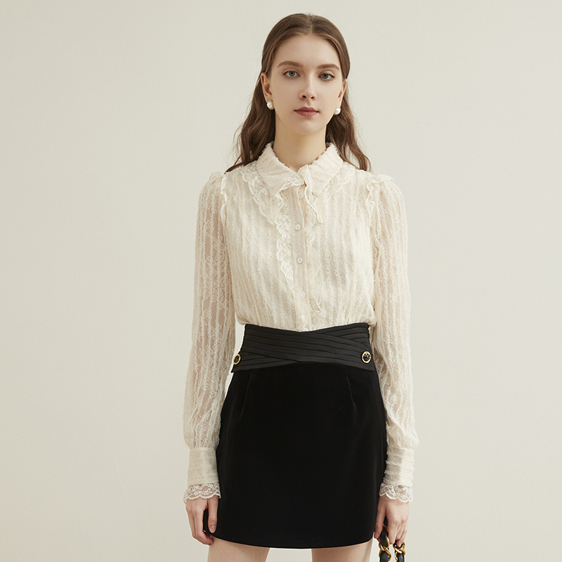 恩曼琳春季法式浪漫蕾丝翻领长袖衬衫雪纺衫WANDCA05