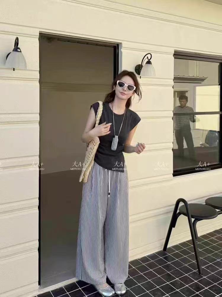 NO退(800-899)千金风时尚套装休闲风淑女阔腿裤背心少女风短袖