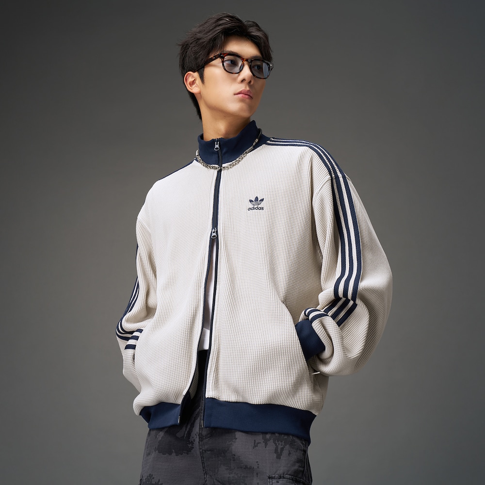 Adidas三叶草KNIT TRACK TOP 华夫格立领运动宽松夹克外套 KC2618