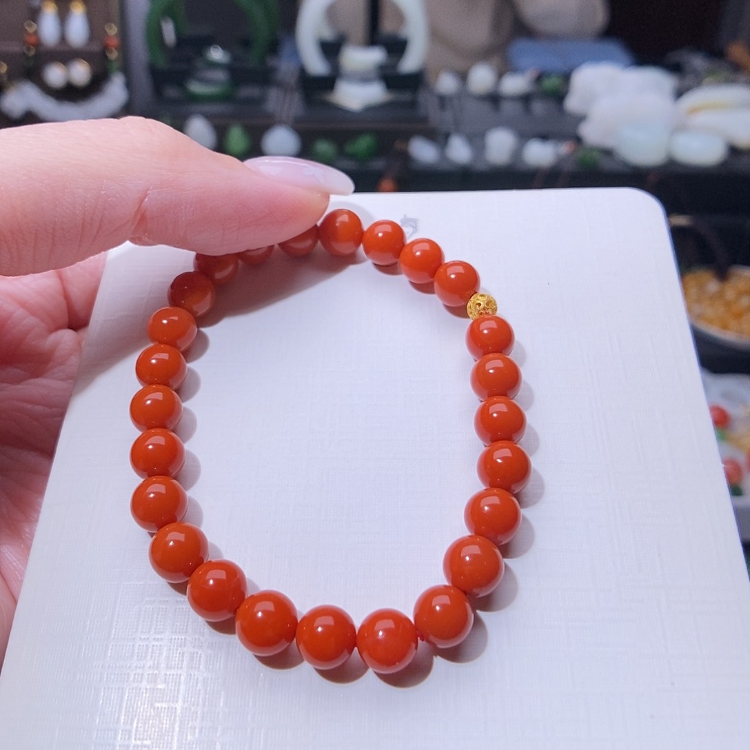 南红玛瑙手串7mm18K金镶嵌崔*鈴
