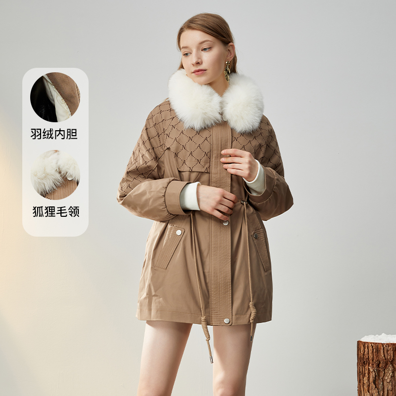 【诗语专属】恩曼琳秋冬新款狐狸毛领收腰派克服羽绒服女印花EANCDB
