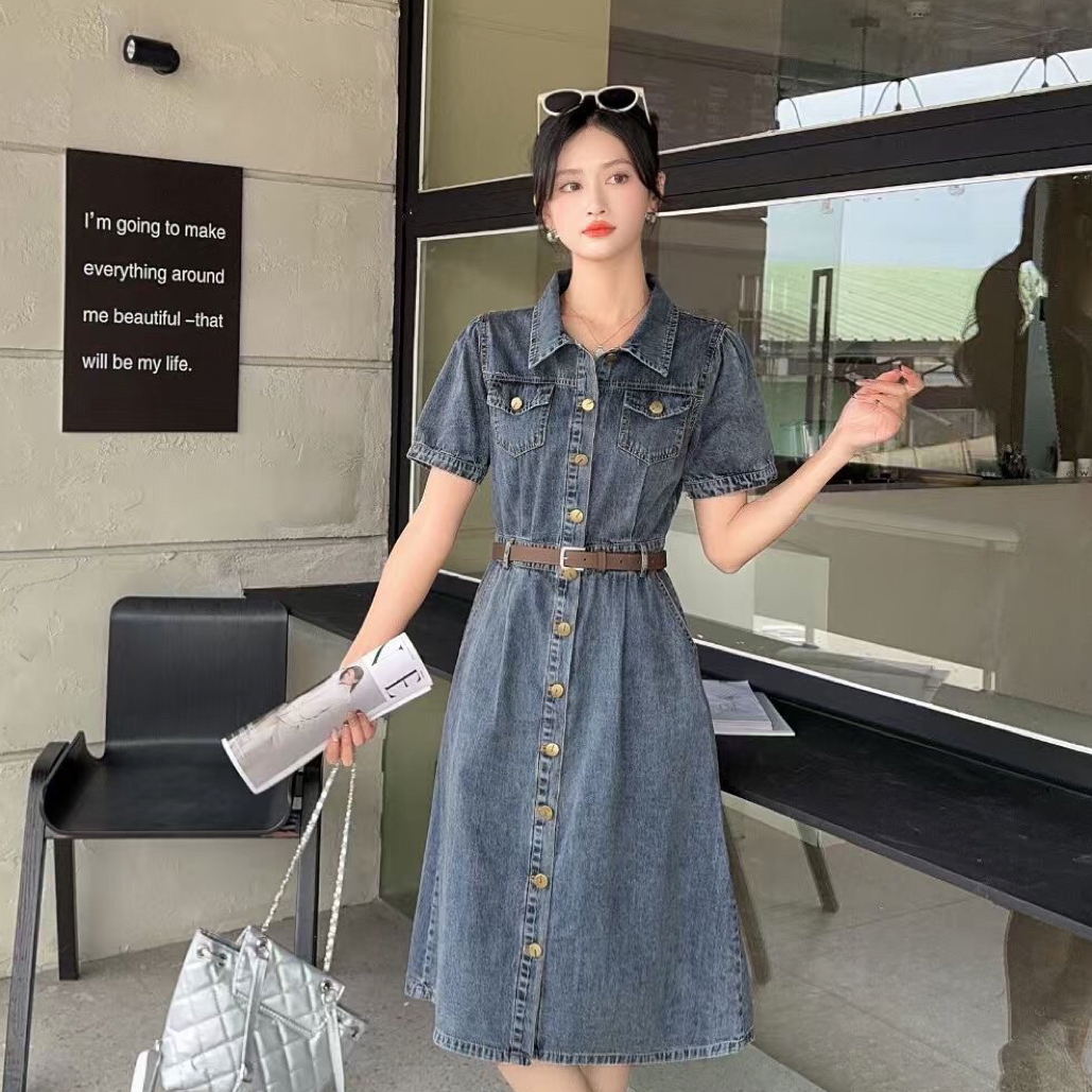 夏季薄款复古显瘦短袖牛仔中长款连衣裙收腰减龄有口袋