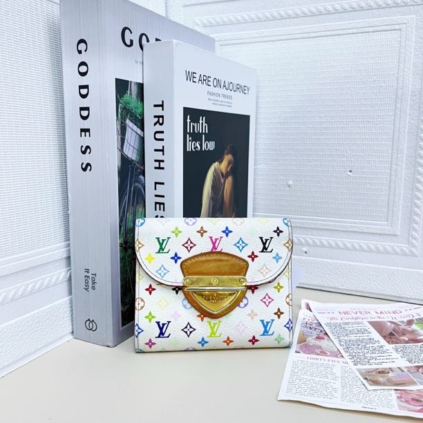 95新 LouisVuitton/路易威登 白三彩金扣短款钱包