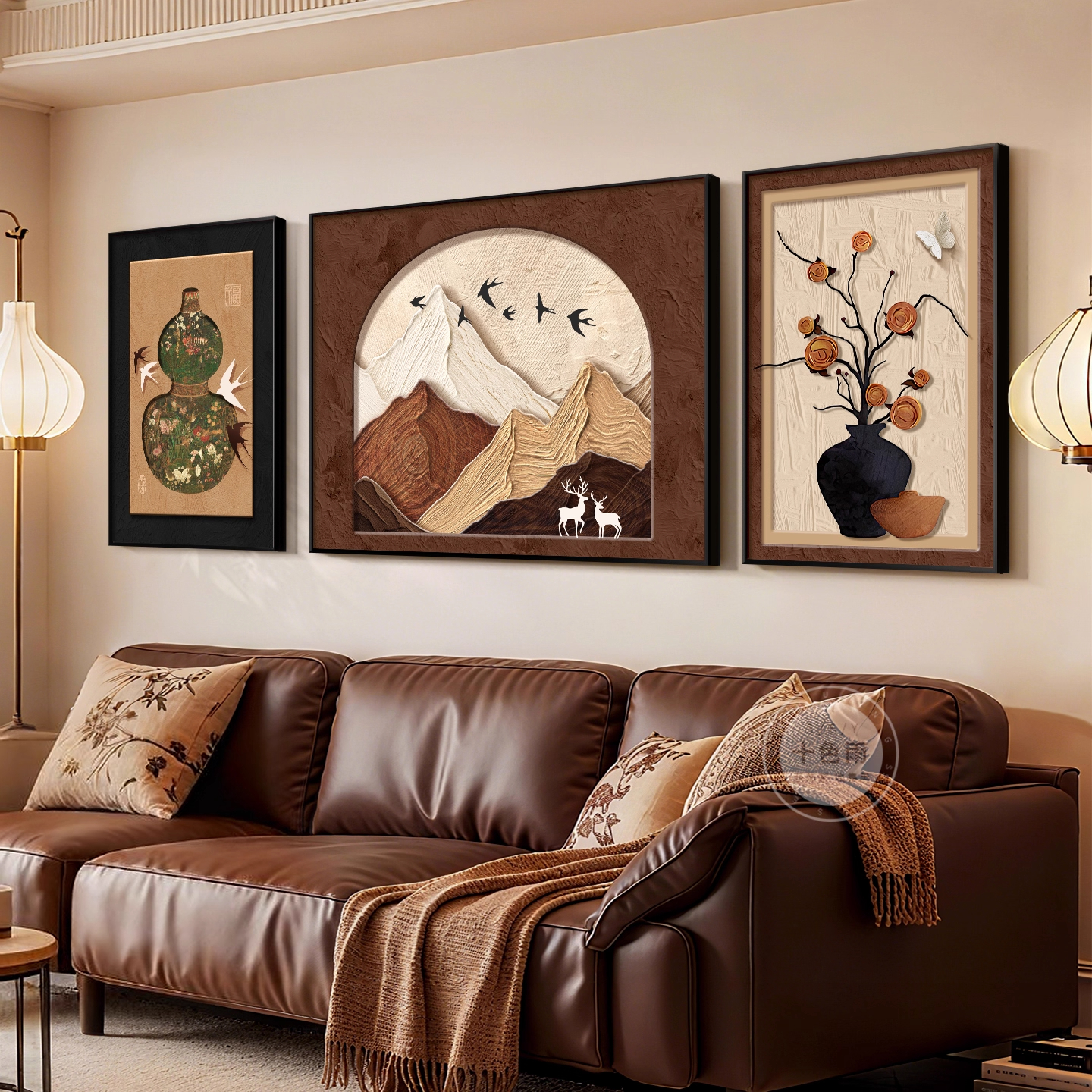 柿柿如意客厅装饰画背有靠山三联壁画好寓意中古风沙发背景墙挂画
