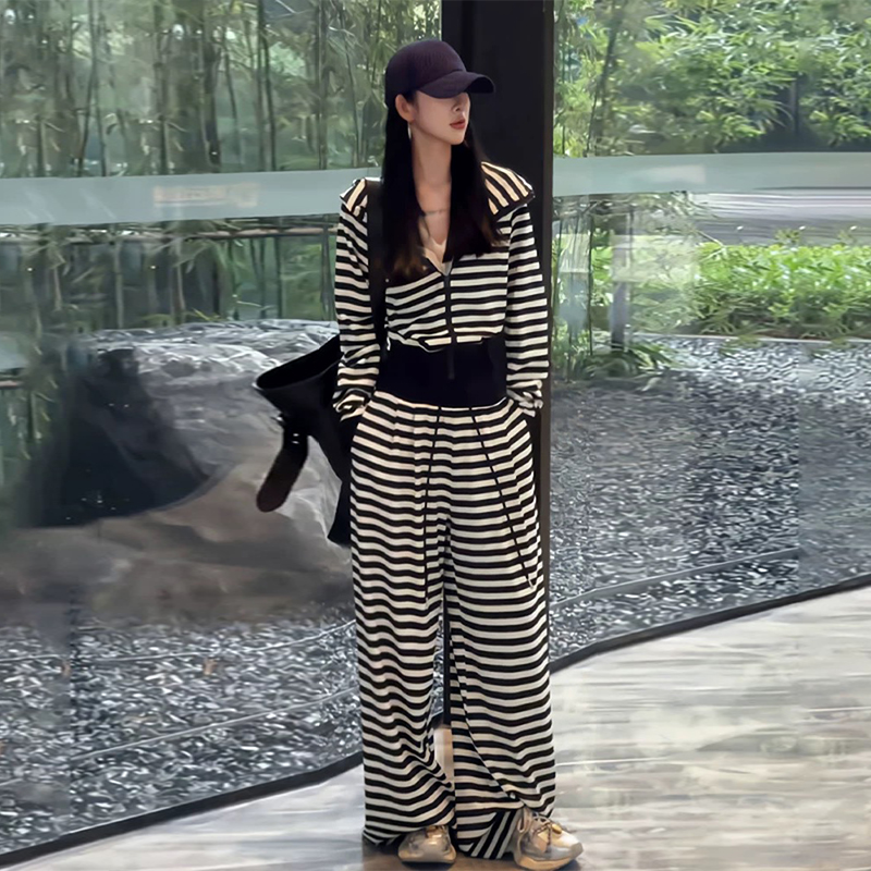 休闲运动套装女春秋2025新款韩版宽松收腰显瘦条纹拉链卫衣两件套