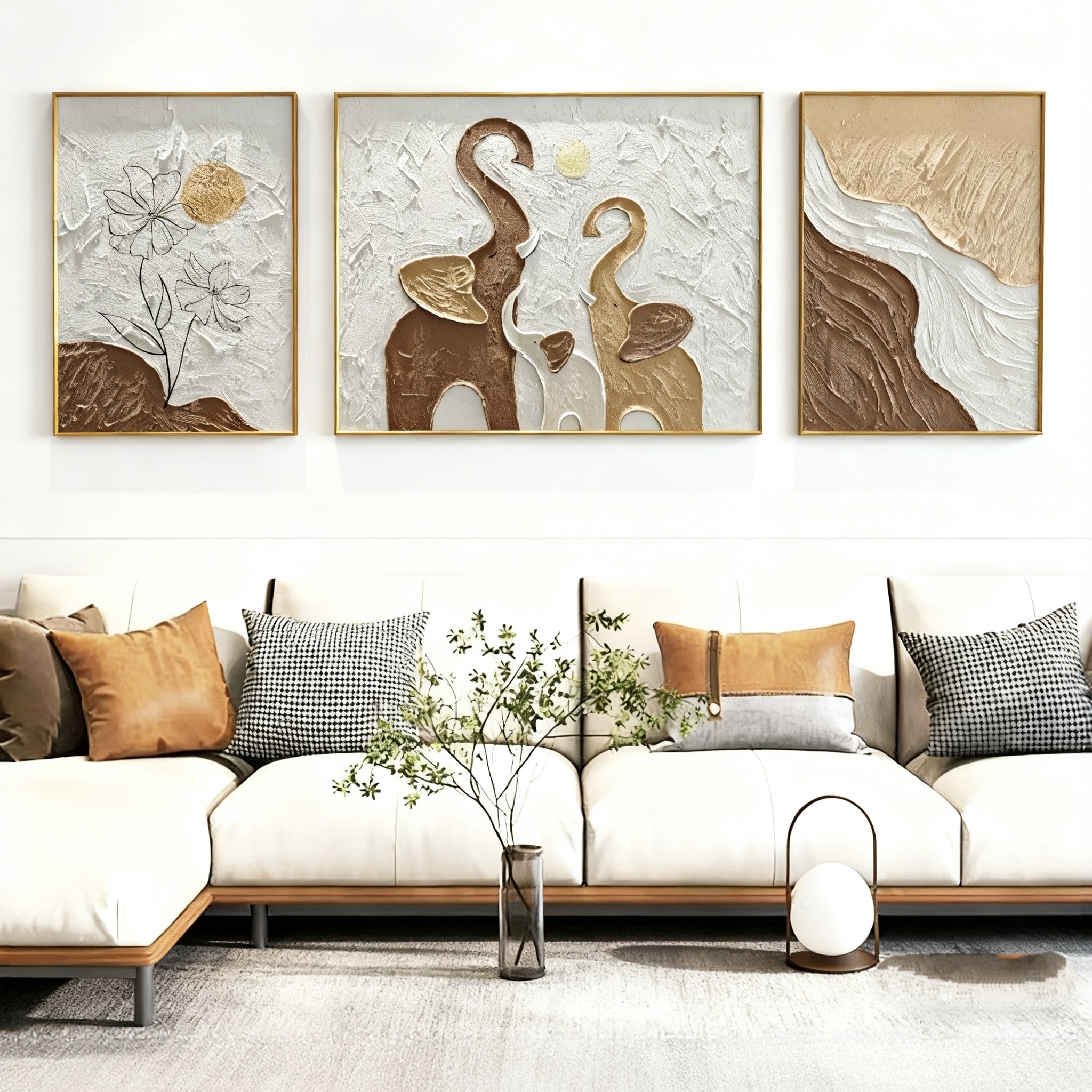 《幸福小象》简约侘寂风大象手工肌理油画客厅沙发背景墙装饰画