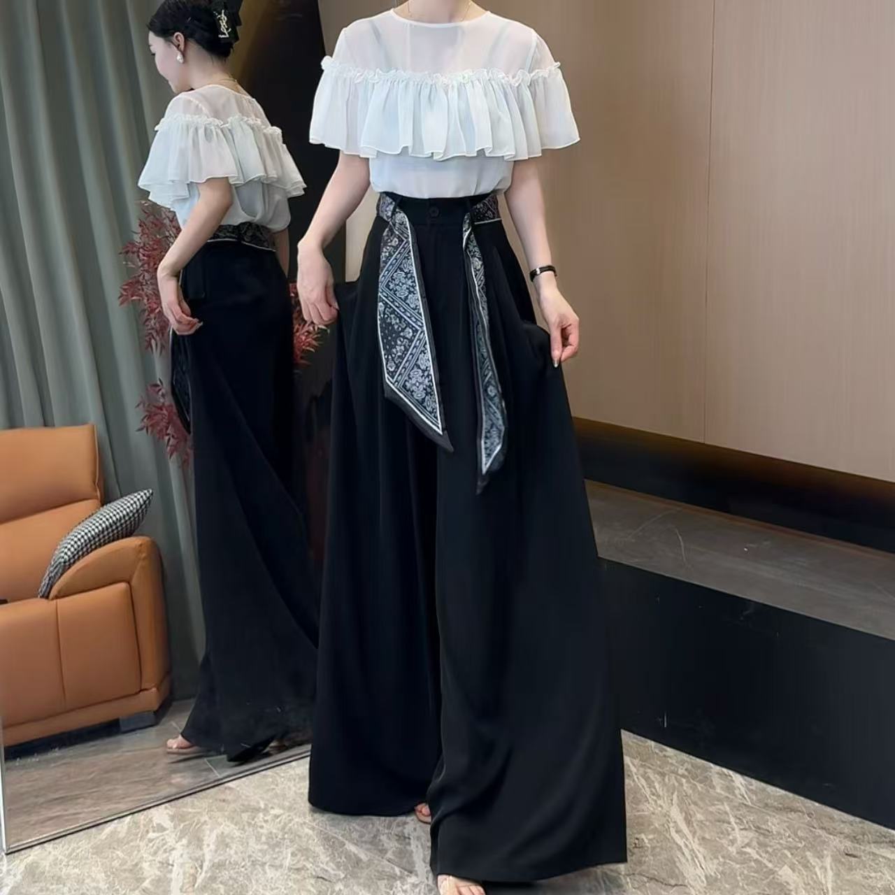 华姐定制--[H01W]慵懒极简风高腰宽松设计感垂感拖地休闲阔腿裤女