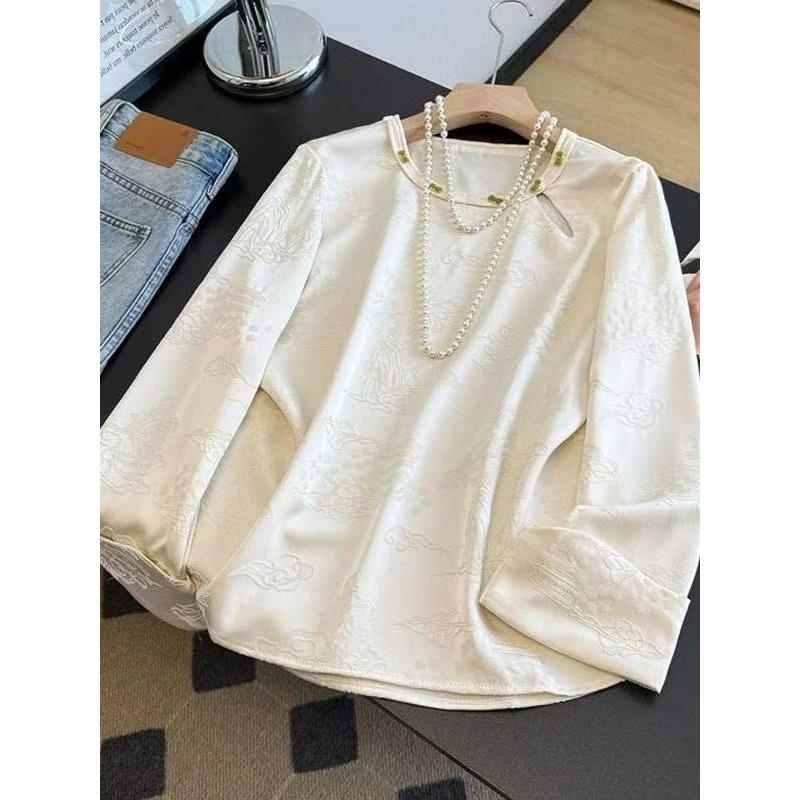 新中式国风提花衬衫设计感圆领上衣禅意茶服女百搭新款长袖小衫秋