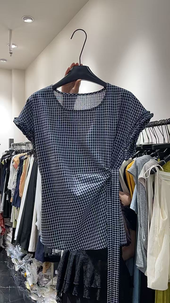 夏季休闲百搭显瘦套头侧边系带格子衬衫木耳边袖口1111