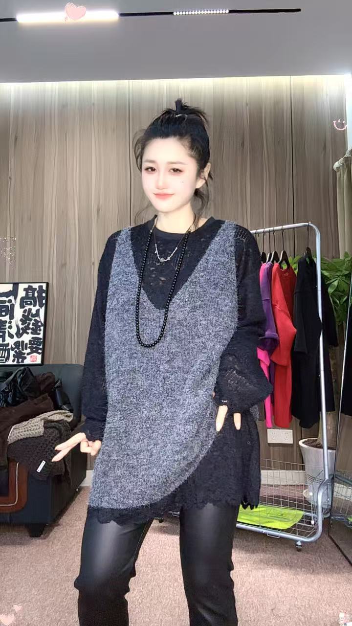 针织马甲女慵懒风冬季套头款V领毛针织马甲女装时尚宽松款