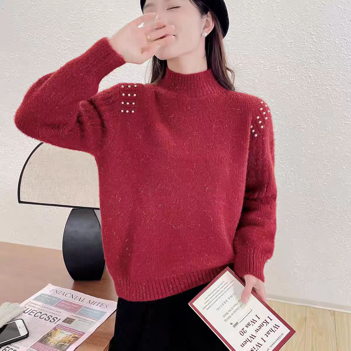 【高定-钉珠】半高领毛衣女2025秋冬新款钉珠柔软保暖加厚百搭纯色