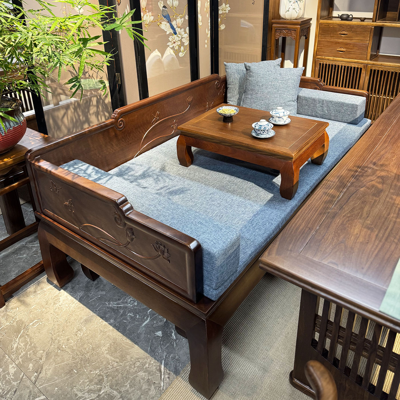 【加厚加高】一支莲全实木原木罗汉床榻茶桌沙发组合金丝黄檀木