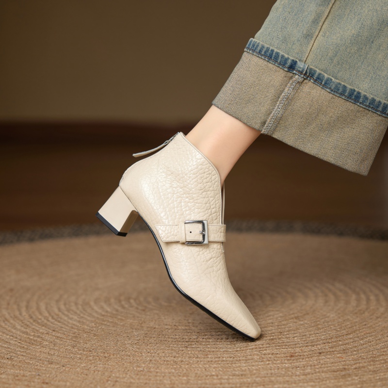 牛皮/跟高4.5cm/2025新款秋冬季真皮中跟短靴女软面单靴百搭踝靴