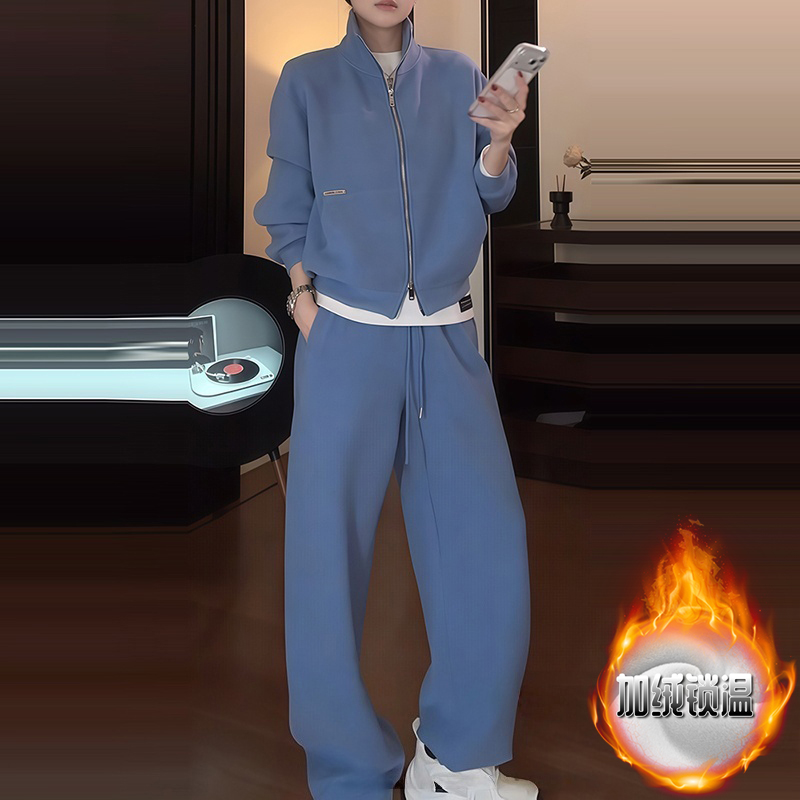 超好看韩系休闲运动穿搭秋冬显瘦立领拉链卫衣高腰休闲裤加绒套装