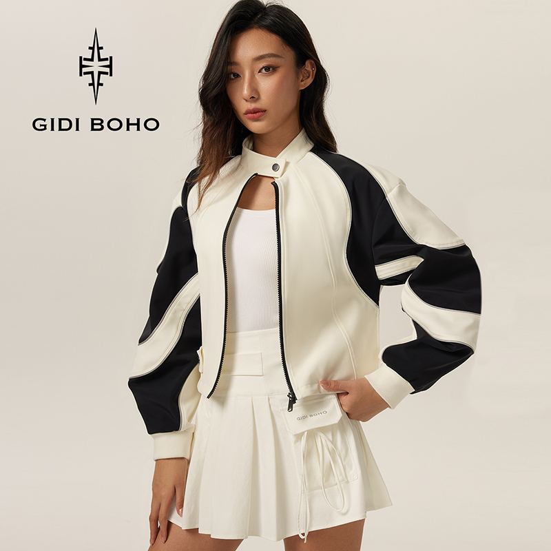 GIDI BOHO/极地薄荷秋冬新款时尚休闲女士拼色短款长袖卫衣外套子