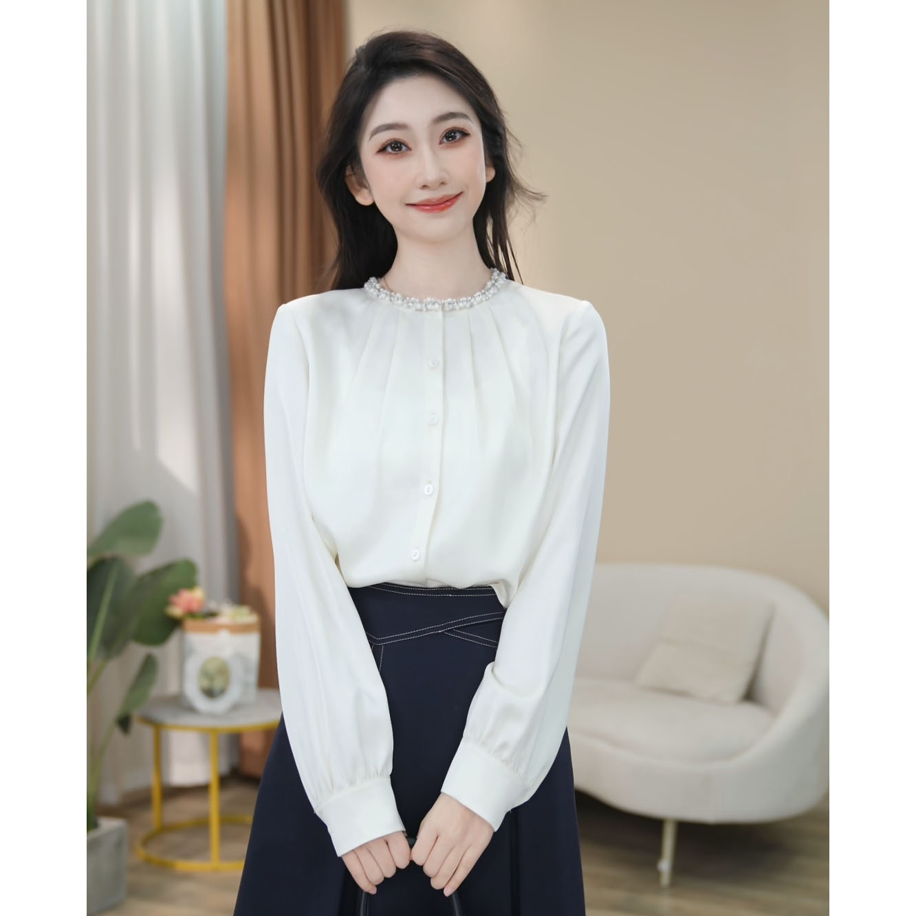 【曼贝】衬衫女长袖新款设计感百搭时尚气质衬衣8591106【甜甜】