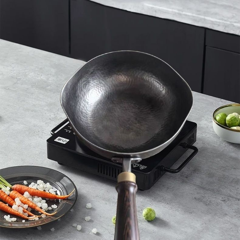 章丘手工锻打元宝锅家用炒菜锅无涂层熟铁炒锅加深燃气灶适用