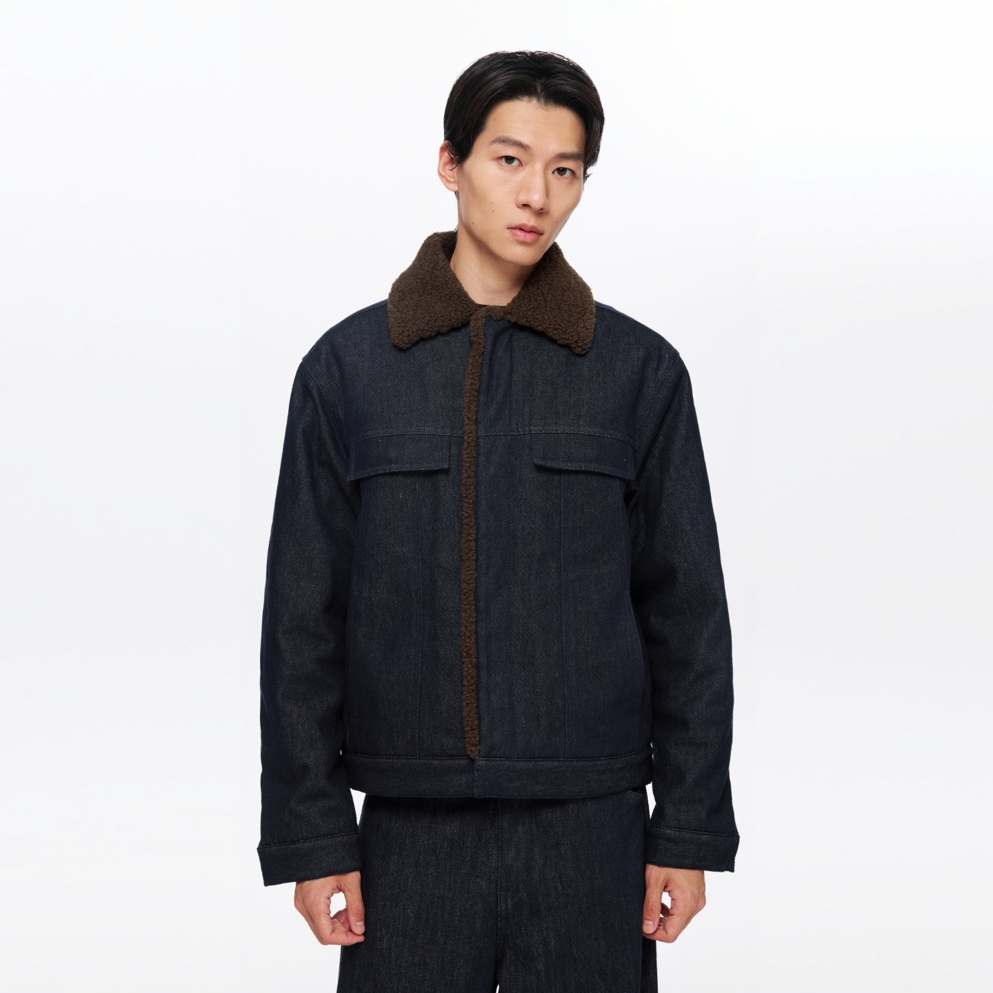 Oneup牛仔拼毛棉服时尚休闲黑色加绒保暖翻领冬季复古宽松拼接