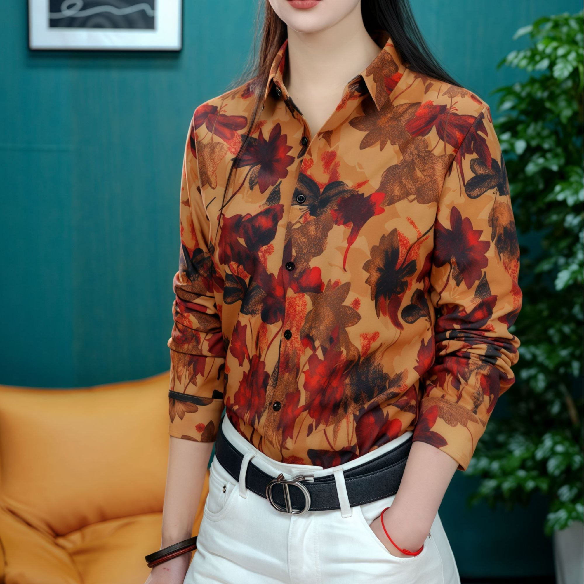 【缤梵男装】男士秋季新款花朵国风时尚精致修身轻奢衬衫长袖