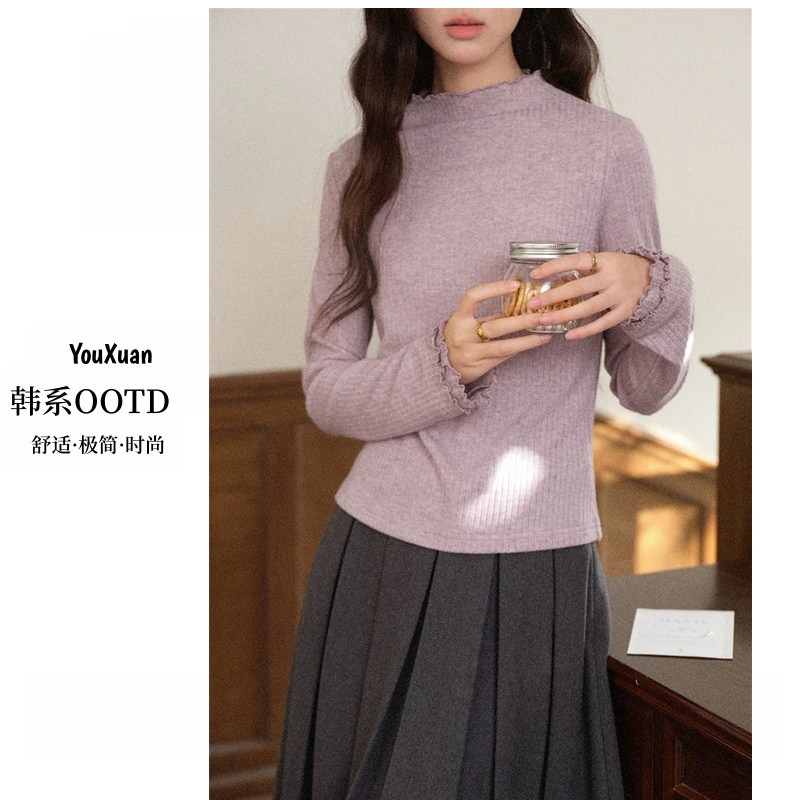 YOUXUAN-[木耳边薄绒]2025秋冬新款保暖修身韩系时尚女T恤BF-1729