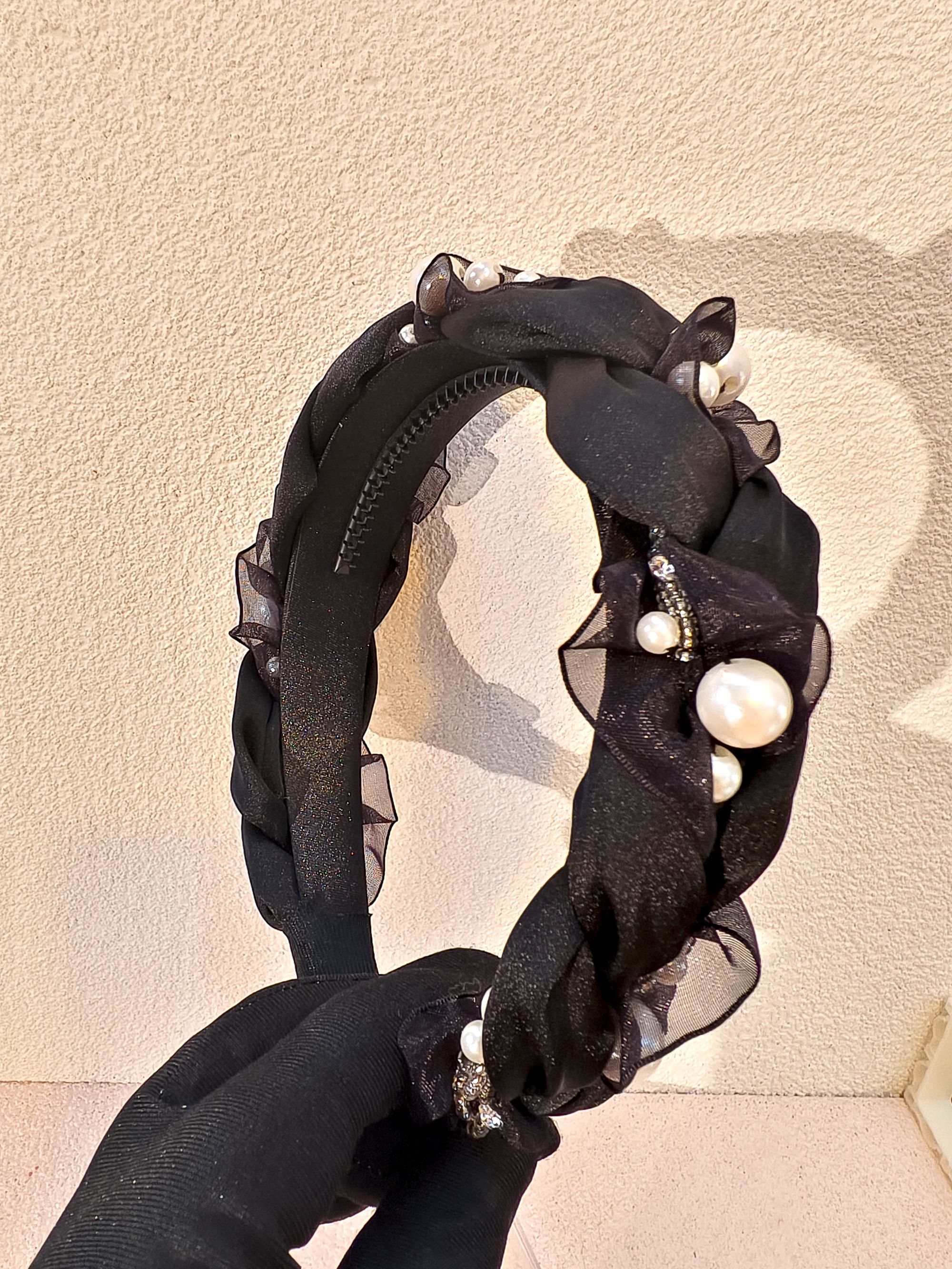 网红法式轻奢赫本风黑色珍珠重工手工发箍头箍2025爆款洋气高级感