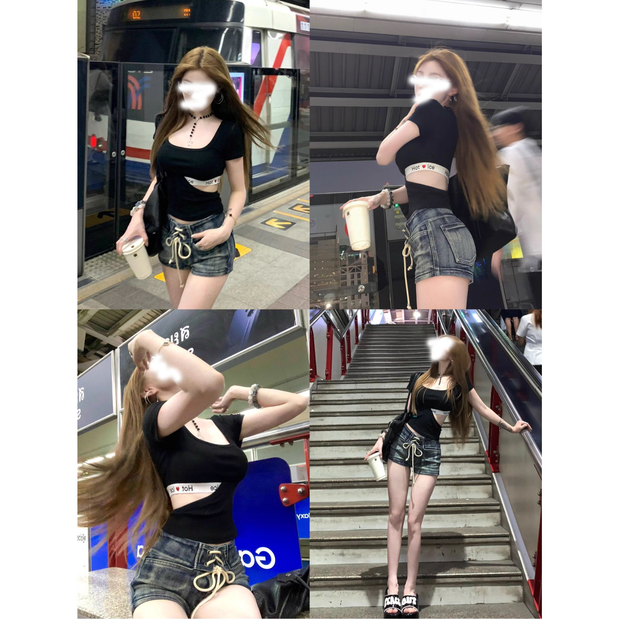 夏季腰线sha手 粉色正肩短袖T恤女腰部镂空修身百搭短款辣妹上衣