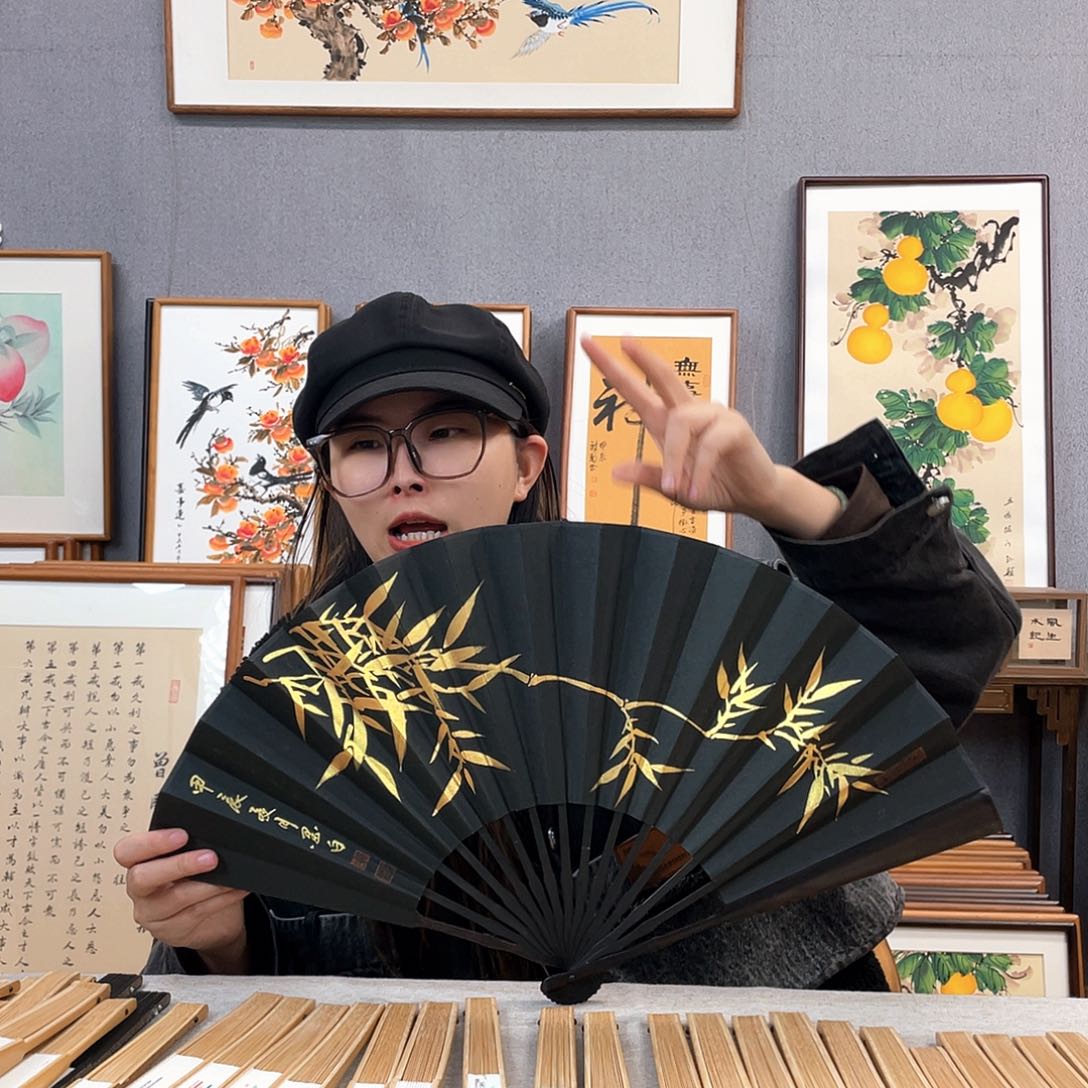 国画10寸黑檀-纯手绘-文玩扇骨（默认粘好）