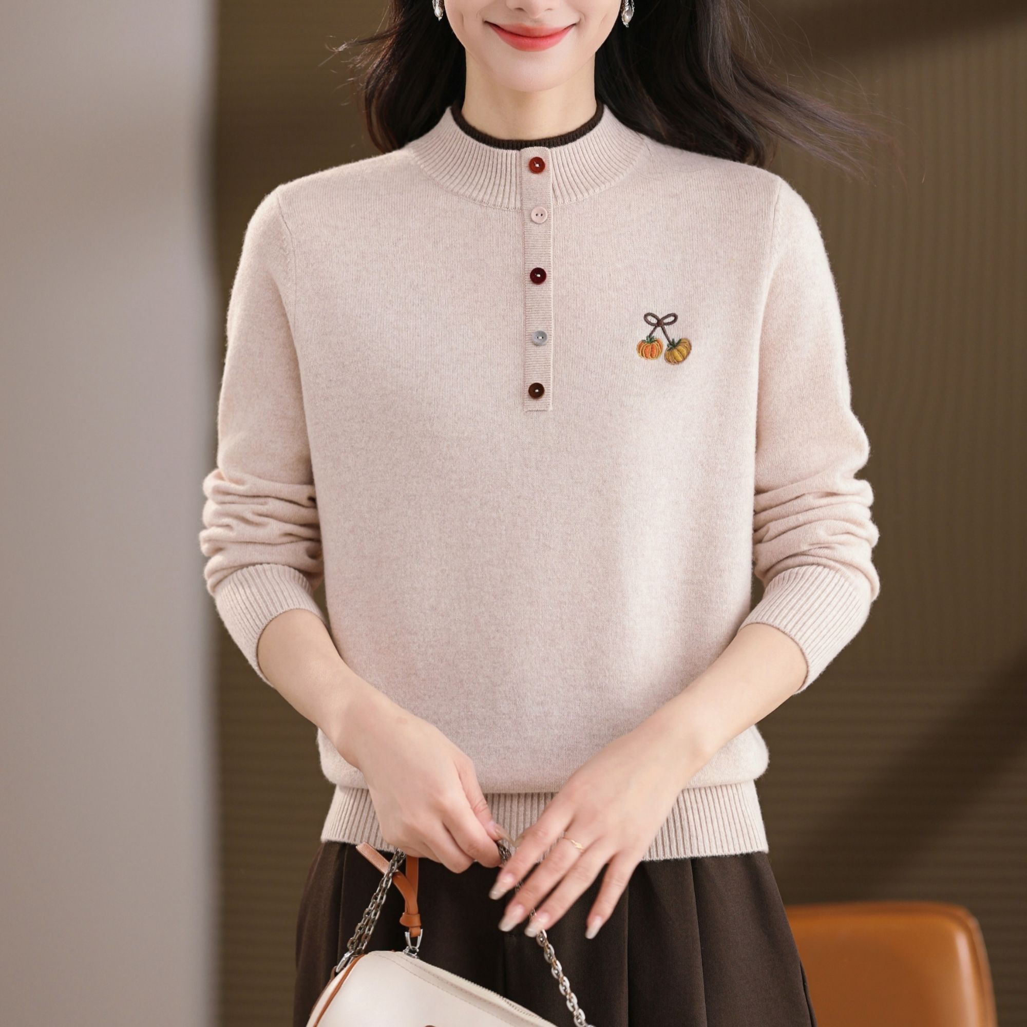 黛妍6885冬季新款100%羊毛百搭气质半高领双层小南瓜针织上衣