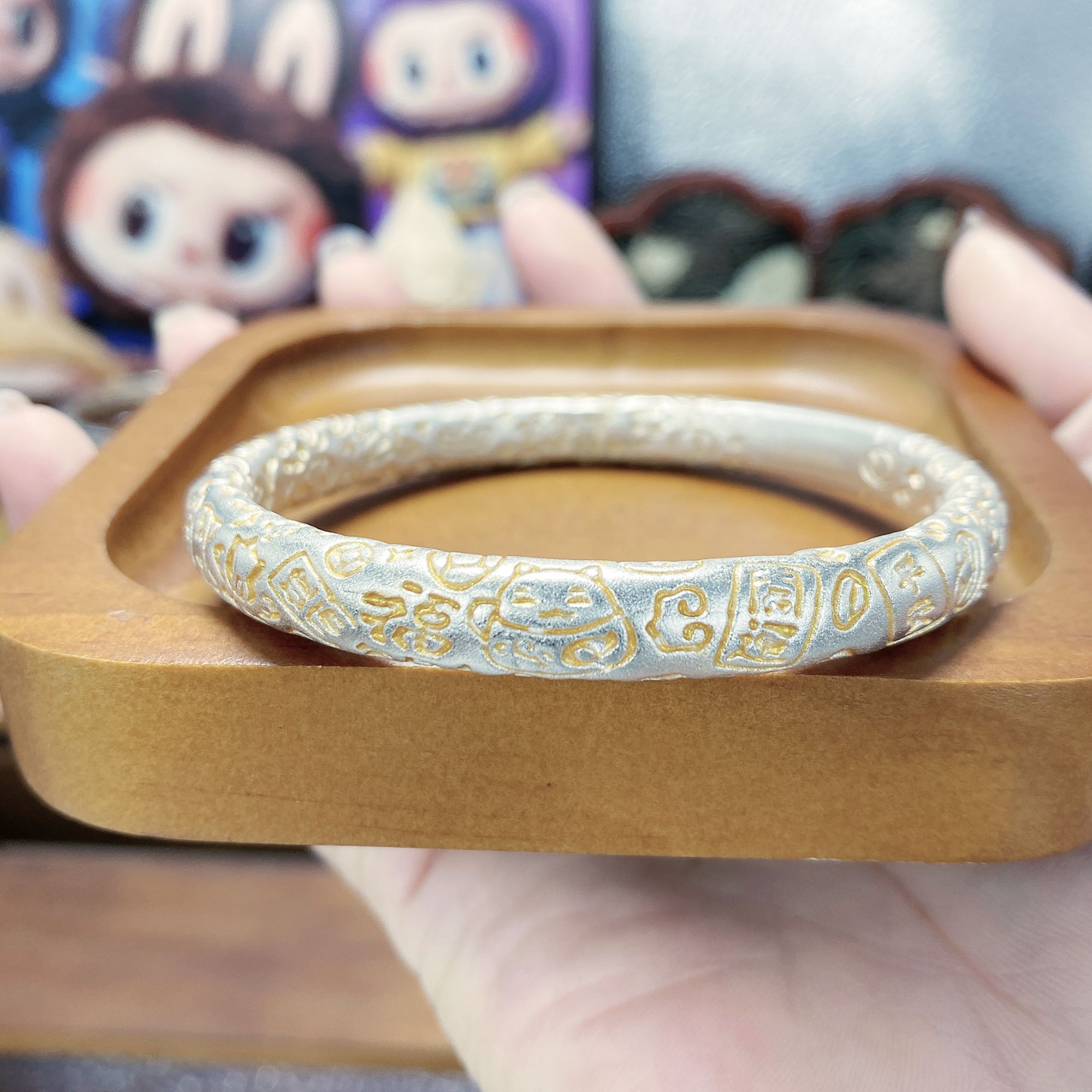 足银手镯 45号【招财猫吉言】足银999彩银宫廷风百搭实心纯银手镯女